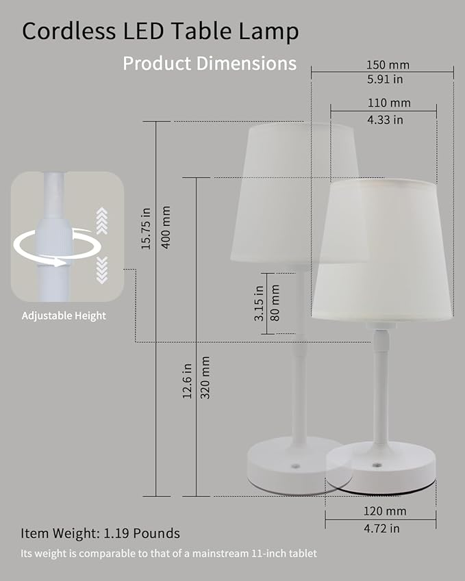 Cordless Table Lamp Rechargeable Touch White Mini Small Lamp Adjustable Height 5200mAh Battery Operated with Stepless Dimming Function for Bedroom Nightstand Bathroom Kitchen Counter Home Decoration