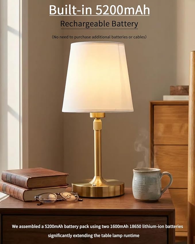 Cordless Table Lamp Rechargeable Touch Gold Mini Small Lamp Adjustable Height 5200mAh Battery Operated with Stepless Dimming Function for Bedroom Nightstand Bathroom Kitchen Counter Home Decoration
