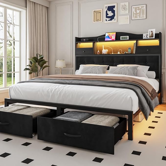 Queen Bed Frame with Storage Headboard and Drawers, Metal Platform Black Bed Frame Queen Size with LED Lights and Charging Station, Velvet Upholstered Tufted Bed Frames, No Box Spring Needed