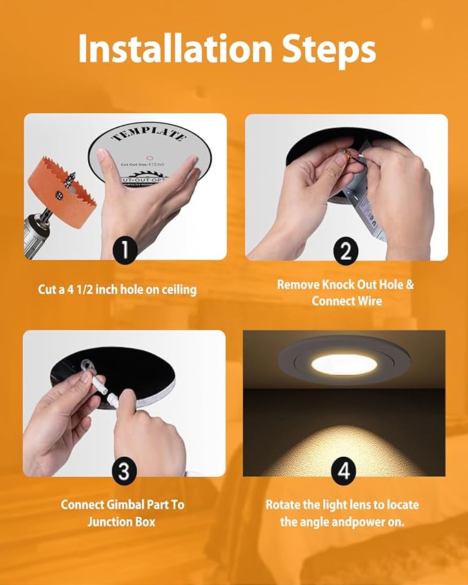 Gimbal LED Recessed Light - 4 Inch Black 9W 360° Rotation Directional Adjustable Eyeball Sloped Ceiling Recessed Lighting 4 inch Light Wafer Soffit Indoor Spotlight Canless Black 4 inch 6 Pack