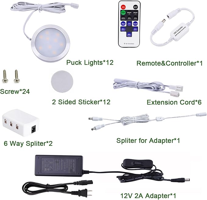 AIBOO Under Cabinet Lighting Kit, Plug in LED Puck Lights with Wireless Dimmable RF Remote Control,12v Stick on Lights for Kitchen Counter, Closet and Shelves(12 kit,Warm White)