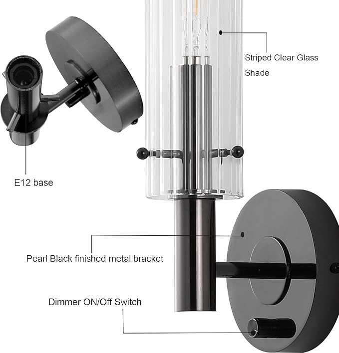 Black Bathroom Vanity Light Fixtures with Striped Clear Glass Shades Modern Wall Sconces Dimmer ON/Off Switch Indoor Wall Light for Mirror Living Room Bedroom Hallway Staircase