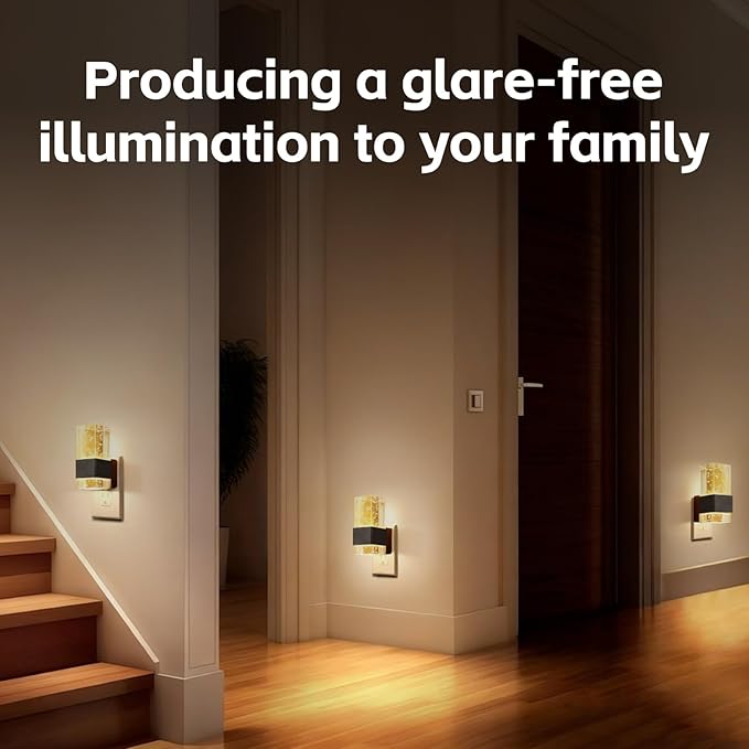 LED Night Light with Bubble Acrylic Design, Gold and Clear, Metal, Dimmable, Dusk to Dawn Sensor, 3 Color Temperatures, Modern Style, Plug-in for Bathroom, Bedroom, Hallway, 2-Pack (Black)