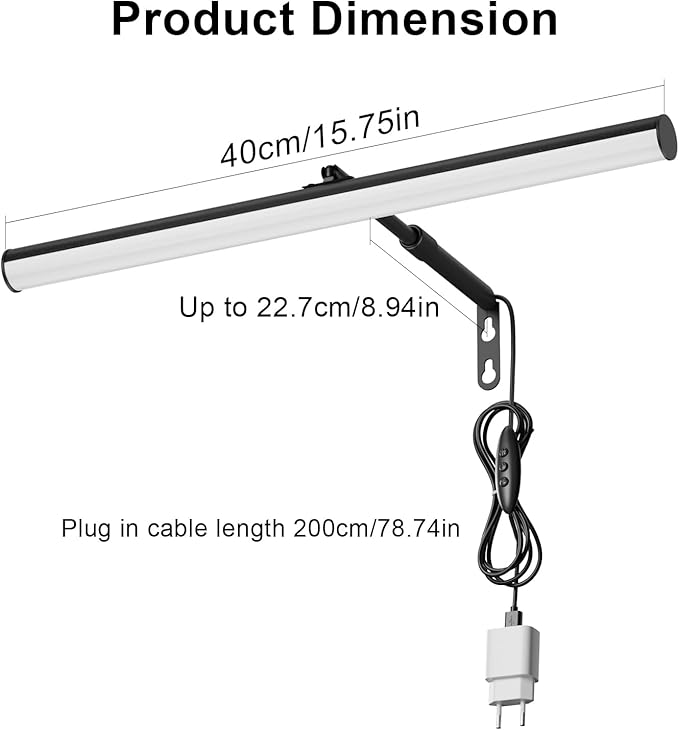 Black LED Picture Light Plug in,15.75 Inches Art Light with Remote, 3 Color Lighting, Artwork Light with in-Line On/Off Switch, Metal