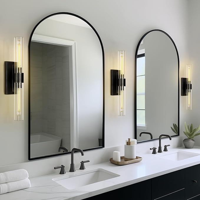Bathroom Black Vanity Wall Sconces, 2-Light Glass Tube Wall Sconces, 24" Sconces Wall Lighting, Horizontal or Vertical Linear Vanity Light,Bathroom Vanity Light,E26 Bulb Included