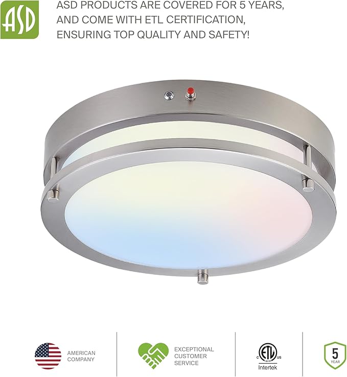 ASD LED 16" Round Flush Mount Lighting, Close to Ceiling Light Fixture | 3CCT, Dimmable, Battery Backup, ETL Listed | 24W 2150LM 3000-5000K 100-277V | Low Profile Double Ring Lamp | Nickel
