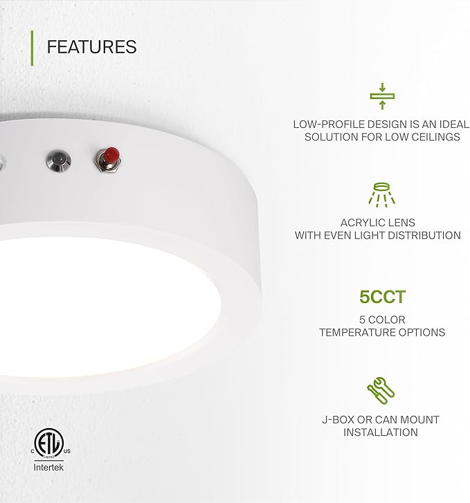 ASD LED 7" Round Flush Mount Ceiling Light Fixture, Low Profile Surface Lighting | 5CCT, Dimmable, Battery Backup, ETL Listed | 15W 1200LM 2700-6000K 120V | Kitchen, Hallway Lamp | White, 12 Pack