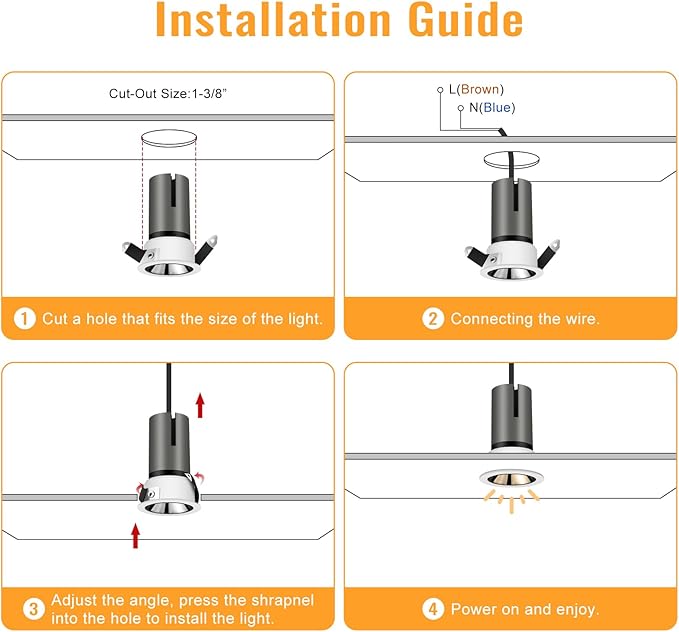 Mini LED Downlight, 3W 3000K Warm White, Round Commercial Recessed Lighting with Anti-Glare Adjustable Angle, Dimmable Recessed Light for Hotel Lobbies, Artwork Display, Libraries (4 Pack)