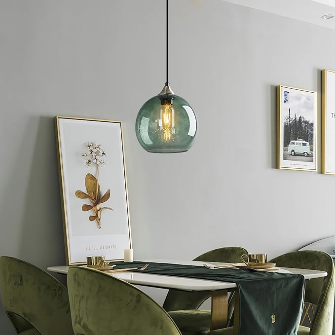 Gray Green Glass Pendant Lights Kitchen Island Lighting Globe Pendant Light Fixtures Modern Pendant Lighting for Kitchen Island Bedroom Living Dining Room Light Fixture(7.87in, 1-Pack)