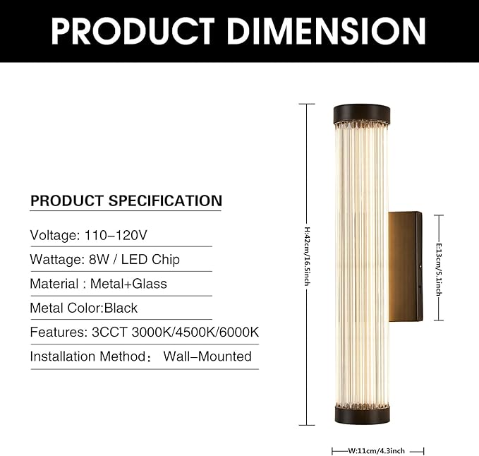 Black Modern LED Wall Sconce, 16.5" Black Bathroom Sconces with Clear Glass, 3CCT Dimmable Hardwired Sconces Wall Decor Lighting Indoor Light fixtures for Bathroom Living Room Hallway Bedroom