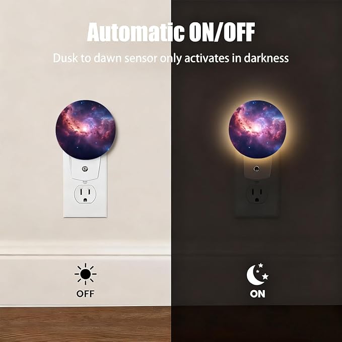 Plug-in Star-Filled Cosmic Night Light Pink and Purple Nebula Nightlight with Dusk to Dawn Sensor, Auto On/Off 0.5W Energy-Saving LED Lighting for Men Women Boys Girls Gift