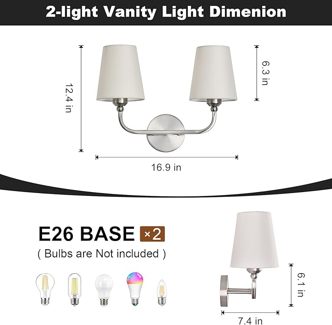 Brushed Nickel Bathroom Light Fixtures,2-Light Vanity Lights,Bathroom Lighting Fixtures Over Mirror with Flared White Fabric Shade,Modern Wall Sconce for Mirror Hallway Bedroom Living Room(ETL Listed)