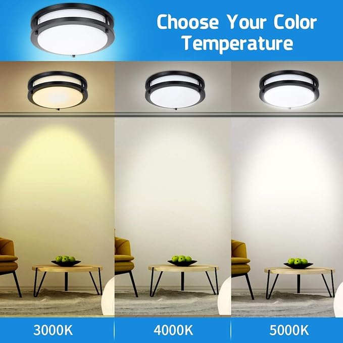 Drosbey 48W LED Flush Mount Ceiling Light Fixture, Ceiling Lights for Kitchen, Bedroom, Bathroom, Garage, Dimmable, Super Bright 5000 Lumens, 3000K/4000K/5000K Adjustable (Black), UL Listed