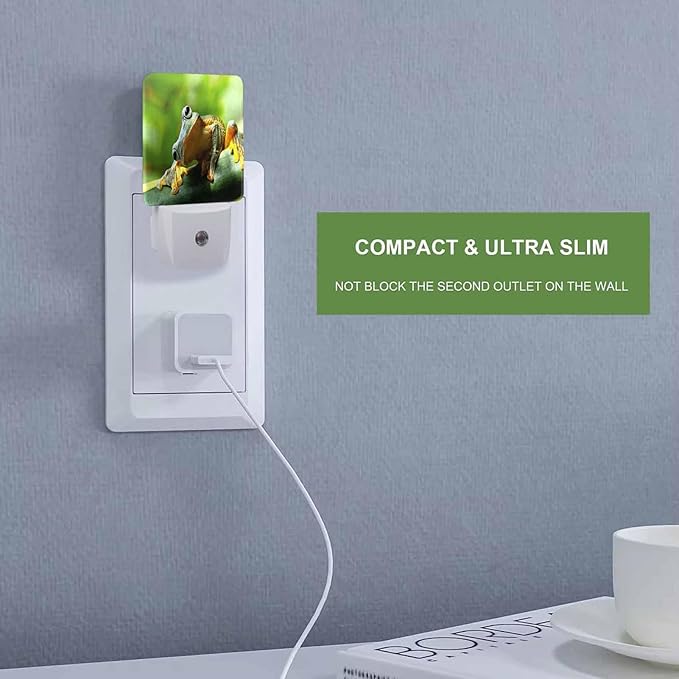 LED Night Light,Green Small Frog On Leaf LED Night Light Plug into Wall with Dusk to Dawn Light Sensor White Energy Efficient Nightlight for Bedroom Bathroom Hallway Living Room Kitchen