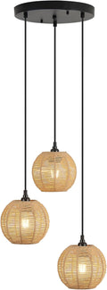 Round 3 Light Boho Pendant Light Rattan Hanging Lamp Hand Woven Wicker Small Chandelier Hanging Lights Fixture for Bedroom Kitchen Hallway Foyer