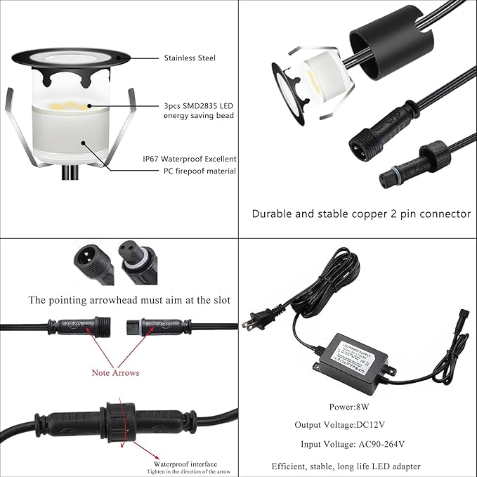 LED Recessed Deck Light Kits with Protecting Shell,LED Outdoor Landscape Lighting Warm White IP67 Waterproof,DC 12V Low Voltage for Garden,Yard,Stair,Patio,Kitchen Decoration In Ground(10pcs)