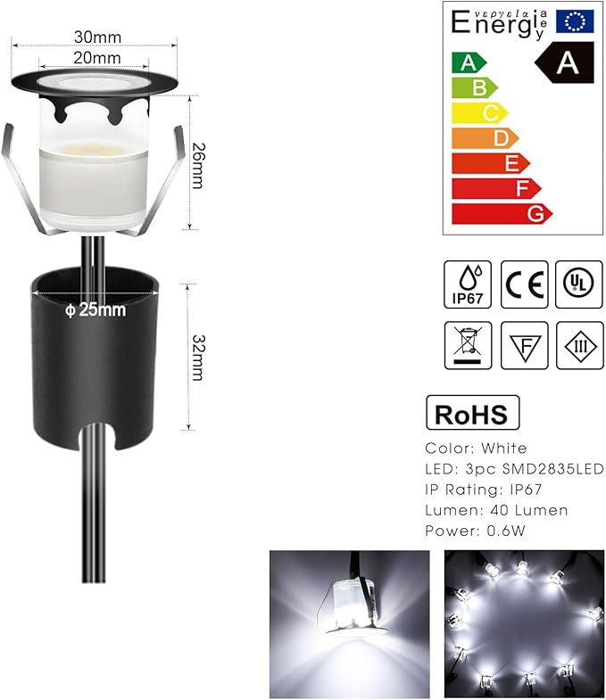 Low Voltage LED Deck Light Kit with Protecting Shell,Stainless Steel Waterproof Recessed Wood Decking Stairs Garden Yard Patio Decor Lamp Outdoor LED Lighting Cool White(20pcs)