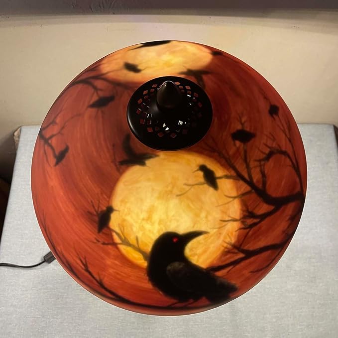 Bieye L10969 Ravens Sitting on Bare Tree Branch Against Full Moon Hand-Painted Glass Table Lamp with Raven Nest Lamp Base for Halloween Home Decor (Black Red, 14" D x 14" W x 22" H)