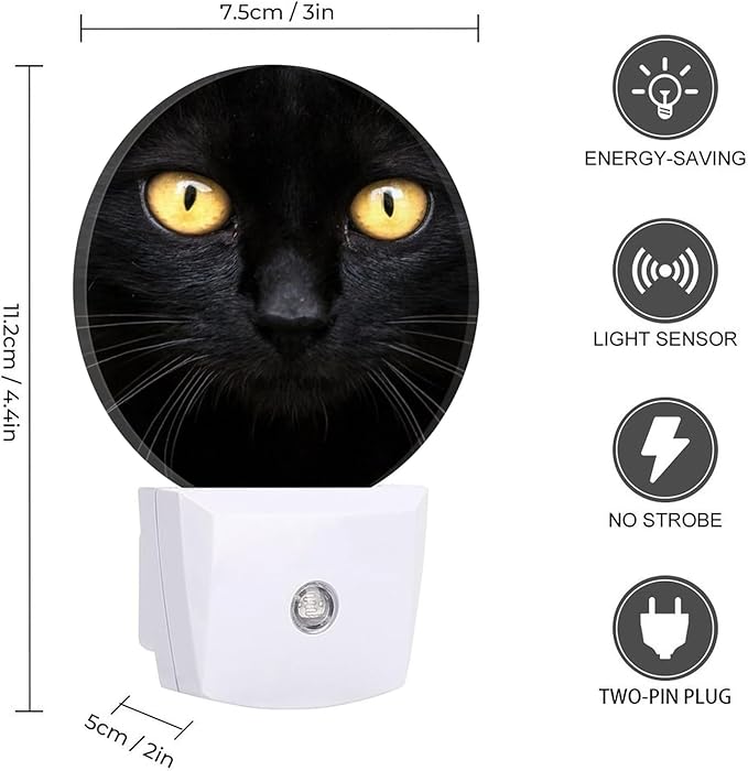 Round LED Night Light,Black White Cat Face Close Up Crop LED Night Light Plug into Wall with Dusk to Dawn Light Sensor White Energy Efficient Nightlight for Bedroom Hallway Living Room Kitchen