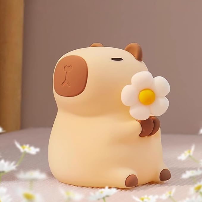 Capybara Night Light, Nursery Lamp, 7-Color RGB & 3-Level Dimmable WarmLight, Tap Control, 30Min Timer, 100% Safe &Soft Silicone, Adorable, Soothing Ambiance, Gift for Kids, Detachable Flower