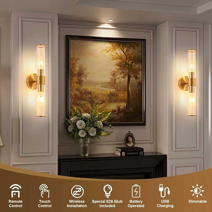 Gold Battery Operated Wall Sconces Set of Two, Rechargeable Wall Sconce with Dimmable Remote Control, 20 Inch Wireless Sconce Wall Light for Bedroom, Living Room (Bulbs Included)