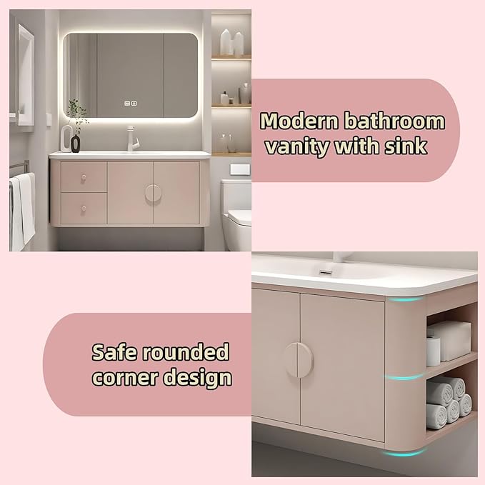 48IN Pink Modern Bathroom Vanity - Bathroom Vanities Set with 2 Drawers Wall Mounted | Rounded Corner Smart Defogging Mirror Cabinet with Lighting & Time Display, Side Opening Storage Shelf (Style A)