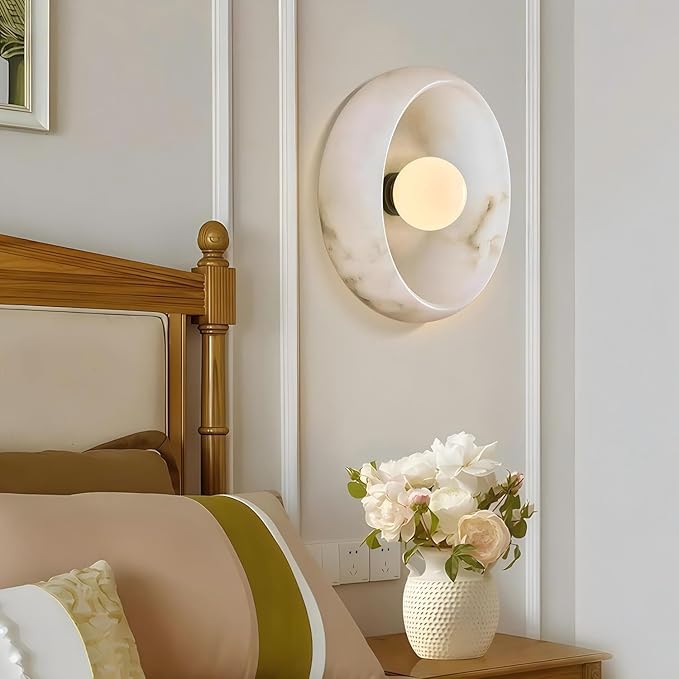 Artistic Alabaster Wall Sconce - Soft Diffused Lighting for Bedroom, Hallway & Living Room, Sculptural Design, G9 Bulb (10” Diam)