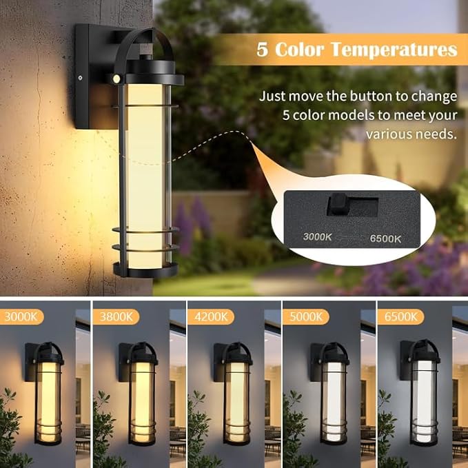 Outdoor Wall Lantern, Dimmable Wall Lights Fixture with 5 Color Temperatures, 15" Modern LED Sconce Waterproof Porch Lighting with Clear Glass for House Garage Doorway Patio, 1Pack