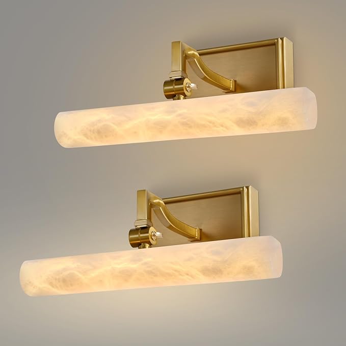 2-Pack 12" Alabaster Picture Light, Gold Hardwired Wall Sconce Bathroom Mirror & Paintings, Adjustable Vanity Light Natural Alabaster LED Light Fixture for Hallway Bedroom Living Room