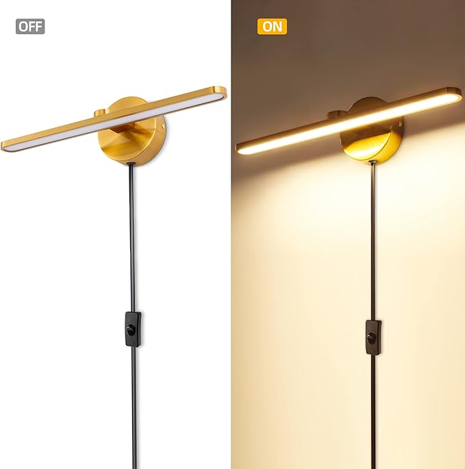 MantoLite Plug in LED Wall Lamps, 16inch Vanity Lighting Fixtures for Wall, Modern Bathroom Lighting Fixtures Over Mirror, Wall Picture Lighting Sconces for Bedroom, 12W 3000K Brass Indoor Wall Lamps