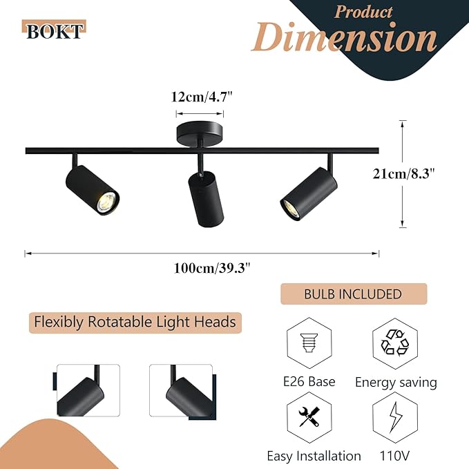 BOKT Modern Matte Black 3 Lights Adjustable LED Track Lighting Kits Industrial 3 Ways Flush Mount Ceiling Spotlights Multi-Spot Ceiling Track Light Fixture