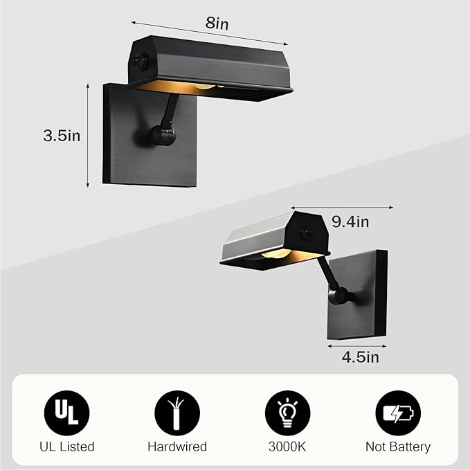 Brass Picture Light Picture Lights Gold Retro Art Light Vintage Picture Frame Lights E26 Bulb (Black, 8 in)