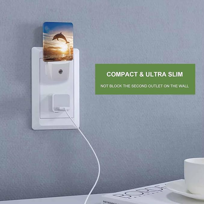 LED Night Light,Dolphin Leaping Sea Water Surface LED Night Light Plug into Wall with Dusk to Dawn Light Sensor White Energy Efficient Nightlight for Bedroom Hallway Living Room Kitchen