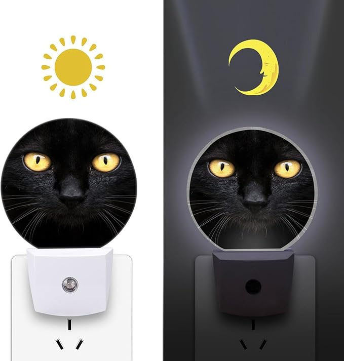 Round LED Night Light,Black White Cat Face Close Up Crop LED Night Light Plug into Wall with Dusk to Dawn Light Sensor White Energy Efficient Nightlight for Bedroom Hallway Living Room Kitchen