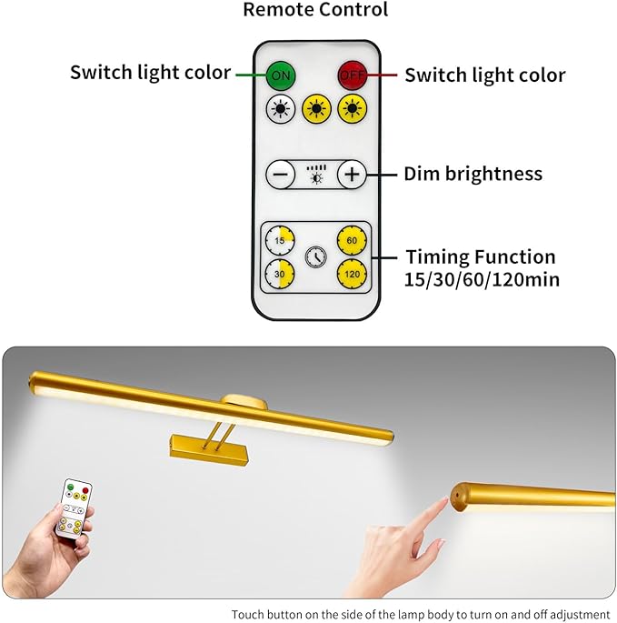 24.4" Wireless Picture Lights, Rechargeable Battery Art Display Light with Remote Control, Dimmable/Timer Off Dartboard Light, 3 Lighting Modes Full Metal Painting Display Lights (Black-1Pack)