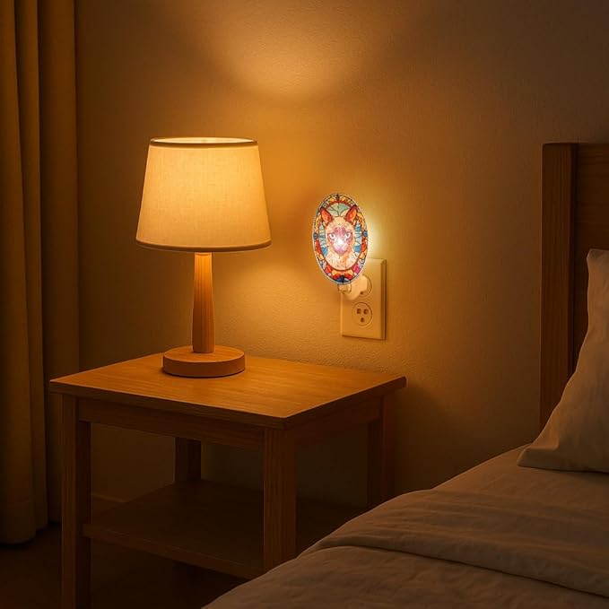 Siamese Cat Stained Glass Styled Night Light, Real Glass Plug-in Night Light with Vertical Outlet and On/Off Switch for Bedroom Gift for Siamese Owners