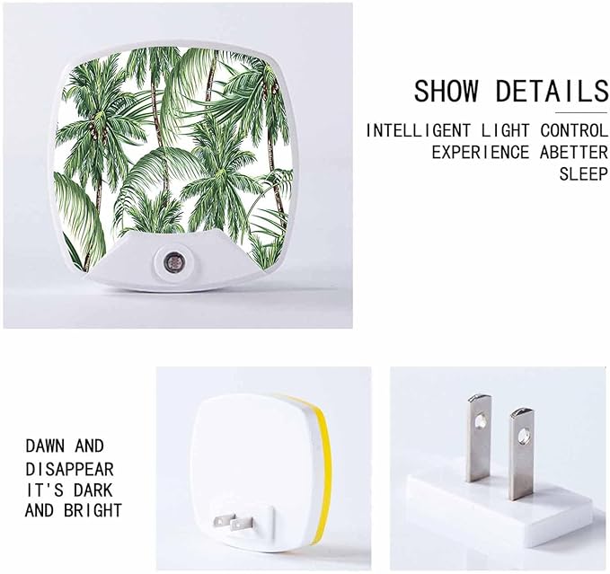 LED Square Night Light,Green Tropical Leaves Palm Trees LED Night Light Plug into Wall with Dusk to Dawn Light Sensor White Energy Efficient Nightlight for Bedroom Hallway Living Room Kitchen
