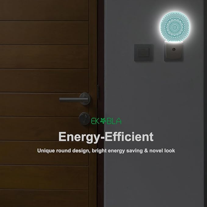 EKOBLA Mandala Night Lights Plug into Wall Teal Green Floral Mandala Flowers Night Light Dusk to Dawn Sensor Led Lamp for Boys Girls Grandma Grandpa