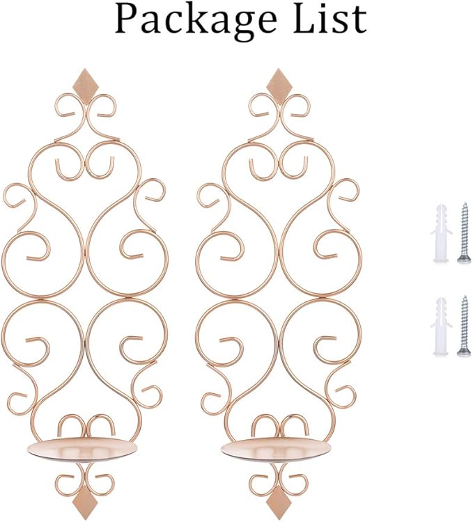Sziqiqi Iron Wall Candle Sconce Candle Holder Set of 2 Wall Mounted Candle Sconces Holder, for Bedroom Dining Room Decor, Rose Gold