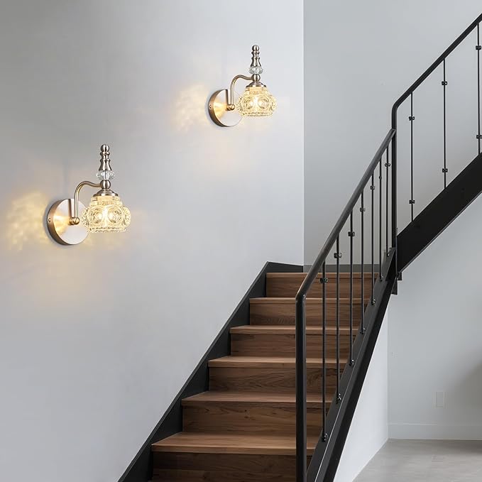 Modern Wall Sconce Set of Two Indoor Wall Lamp Nickel Vintage Wall Sconces Glass Wall Light Bathroom Vanity Light Fixture Wall Mounted Room Sconce Wall Lighting
