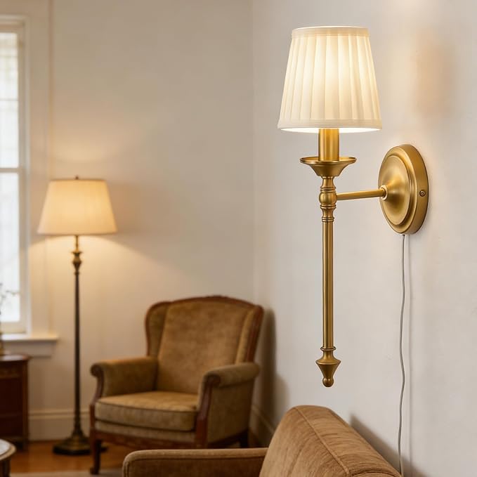 Plug In Dimmable Wall Lamp,Plug-In or Hardwired Installation Wall Sconce with Beige Fabric Pleated Shade for Wall Painting,Modern Living Room, Bedroom, Hallway,Led Bulbs Included-(Copper Color)
