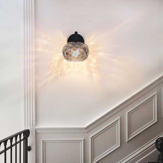 Matte Black Wall Sconce Light Smoked Hammered Glass Vanity Lighting Modern Grey Shade Wall Lamp for Bathroom Over Mirror