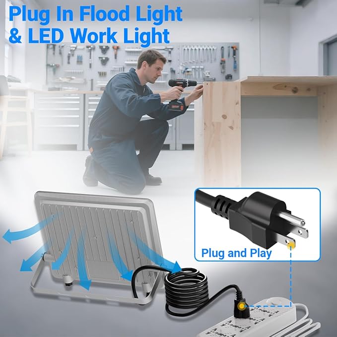 Ceena 35W Plug in LED Flood Lights Outdoor, 3500lm Super Bright LED Work Light with 5.9FT Plug, IP66 Waterproof 6000K Flood Lighting for Backyard, Workshop, Basketball Court, 2 Pack