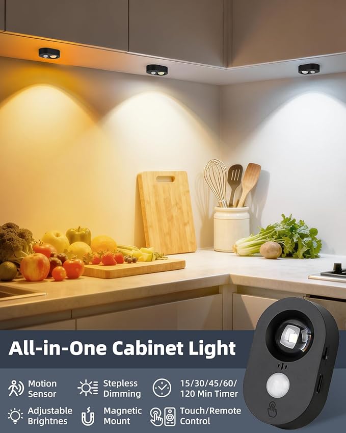 Yiliaw LED Motion Sensor Puck Lights Indoor, Small Rechargeable Under Cabinet Lighting, Dimmable Warm White Closet Lights, Stick on Wireless Night Light for Drawer, Shelf, Kitchen, Black (3 Pack)