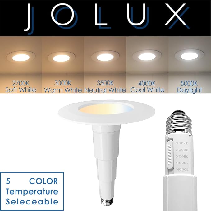 Jolux 4 Inch 5CCT LED Can Lights Adjustable Recessed Retrofit Downlight,Recessed Lighting CCT Selectable 2700K/3000K/3500K/4000K/5000K,6W=40W,500LM,Dimmable,E26 Screw Base,Bevel Trim,4-Pack.…