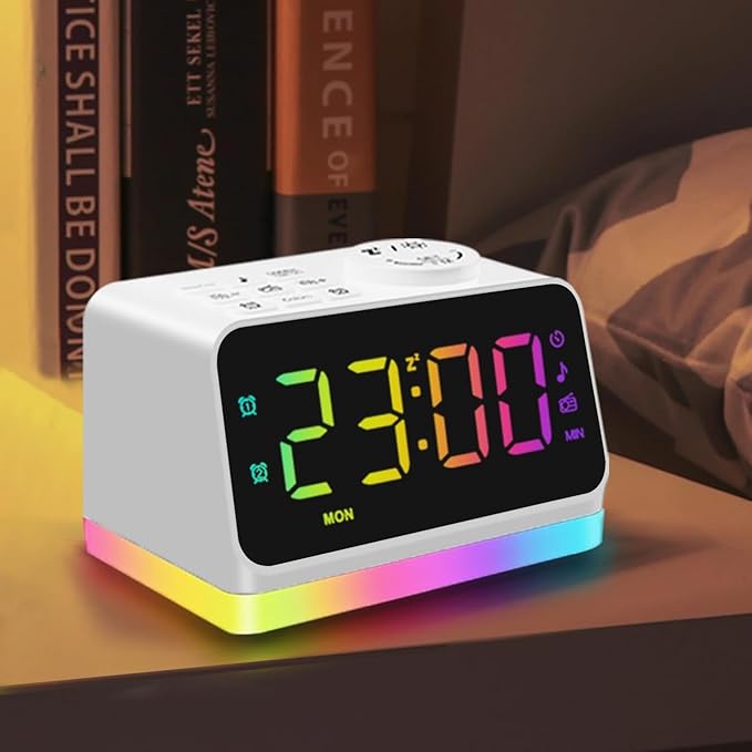 JALL Digital Alarm Clock with FM Radio for Bedroom, 8 Colors Night Light with 2 Charging Port, Sleep Sound Machines with Timer, Dual Alarm, Loud Alarm and Easy to Use for Seniors and Kids as Gift