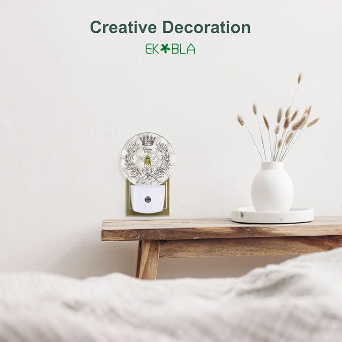 EKOBLA Queen Bee Night Light - Round LED Wall Plug-in Nightlights with Auto Sensor, Dusk to Dawn Lighting for Bedroom, Hallway & Kitchen (Bee Theme)