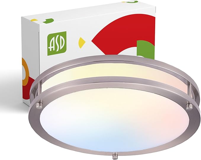 ASD LED 10" Round Flush Mount Lighting, Close to Ceiling Light Fixture | 3CCT, Dimmable, Energy Star, ETL Listed | 16W 1050LM 3000K-5000K 120V | Low Profile Double Ring Lamp | Nickel