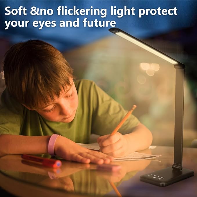 White crown LED Desk Lamp Dimmable Table Lamp Reading Lamp with USB Charging Port, 5 Lighting Modes, Sensitive Control, 30/60 Minutes Timer (Black, First-Generation)