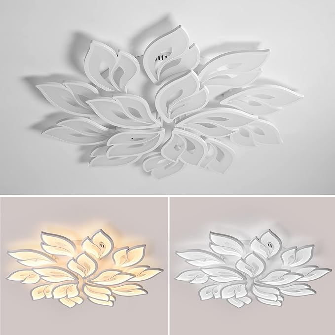JAYMP 39.4" Flower Shaped Ceiling Light Dimmable Modern Ceiling Lamp Remote Control LED Lighting Fixture for Living Room Kitchen Dining Room (White/15 Petals)